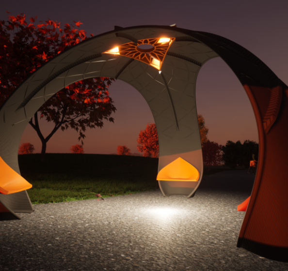 night render of a three-sided pavilion