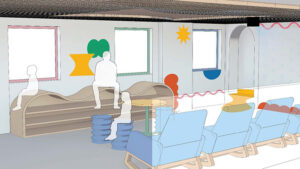 Rendering of the ETCH hematology and oncology playroom with bright pops of color.
