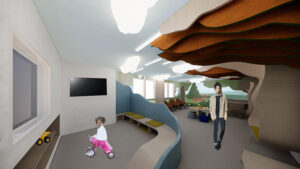 Rendering of the ETCH hematology and oncology playroom with cloud-like ceiling lights, light blue walls and tree-like wall cut outs. A forest mural lines the back wall.